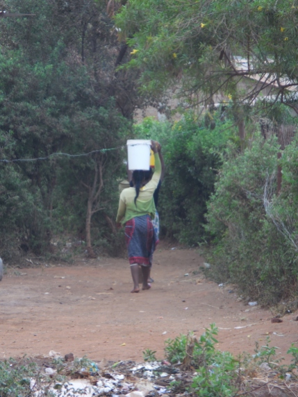 I've tried this before but not with a pail of water. Heavy and takes a lot of skill! Women walk to the community water pump to get water for the day.